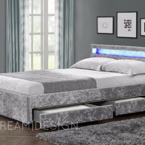 4 Drawer Storage Bed Crushed Velvet or Faux Leather Bed Frame and LED Headboard
