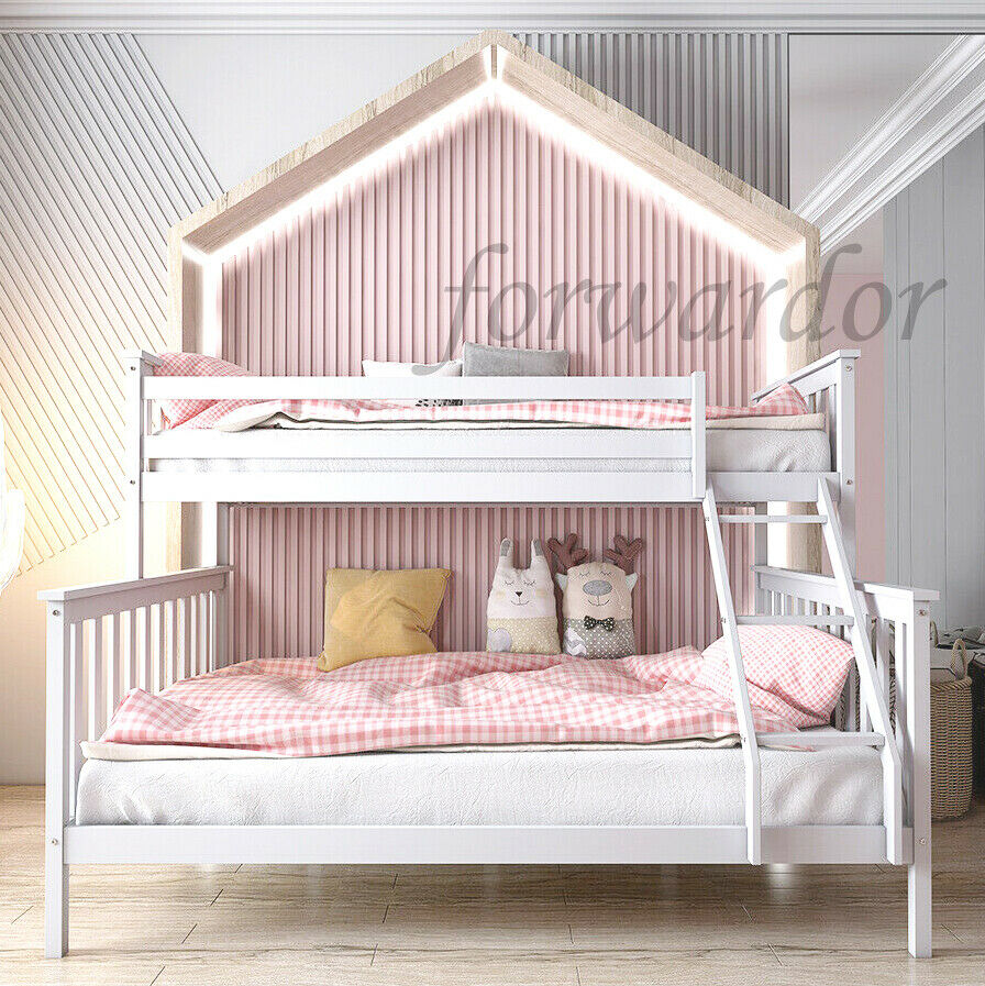 Double Bunk Bed Solid Wood Triple Sleepers Bed Frame with Stairs Bedroom White