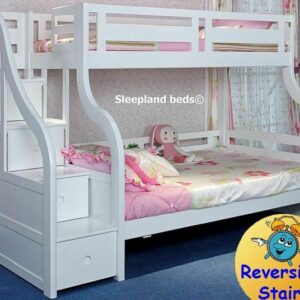 Luxury White Wooden Triple Bunk Bed With Staircase - Storage Drawers In Stairs