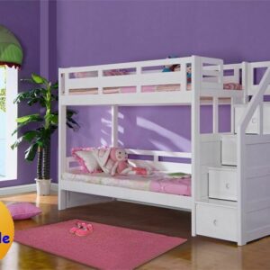 Luxury Single White Wooden Bunk Bed With Staircase - Storage Drawers In Stairs