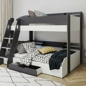 Flick Grey Wooden Triple Bunk Bed Frame Childrens Shelving Storage