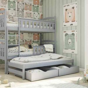 Children Wooden Pine Bunk Bed Trundle Bed HARRIET Storage Drawers Grey
