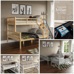 Triple Bunk Bed Double Bed With Stairs Kids Childrens Wooden Frame Mattress