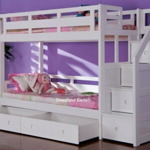 Luxury Single White Wooden Bunk Bed With Drawers - With Stairs - New