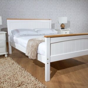 3ft, 4ft6, 5ft Bed Frame in White with Pine, White and Caramel Mattress Option