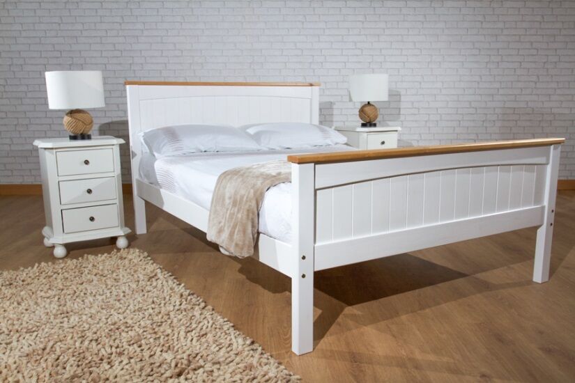 3ft, 4ft6, 5ft Bed Frame in White with Pine, White and Caramel Mattress Option