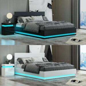 Modern Bed Frame LED Light Faux Leather Gas Lift Up Ottoman Storage Double Size