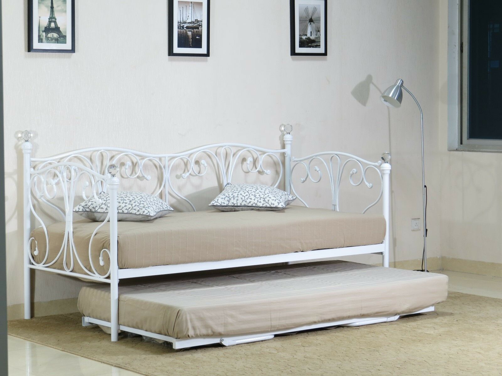 2ft6, 3ft Day bed and Trundle with Crystal finials in Black or White