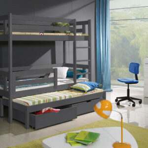 GREY Bunk Beds Solid Pine 3 Sleeper Triple Bed Basic Foam Mattresses Storage 