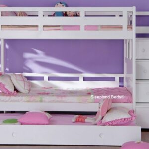 Luxury Single White Wooden Bunk Bed With Trundle Guest Bed - With Stairs - New