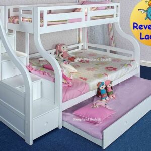 Pine Or White Triple Bunk Beds - Stairs And Trundle Bed - Double Luxury Bunks