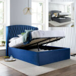 Velvet Ottoman Bed, Warwick Blue or Grey Storage Bed, 2 Size, 4 Mattress Options