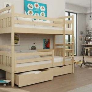 Kids Children Wooden Bunk Bed HUGO Storage Drawers in Pine Colour