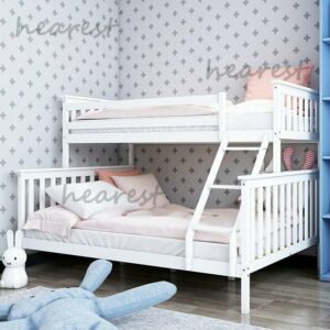 Triple Sleeper Bunk Bed Frame Solid Wood Slatted Bed Guard Rail with Stairs Kids