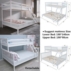 Safty Triple Bunk Bed High Sleeper Solid Pine Wood Bed Frame Slats Children Kids