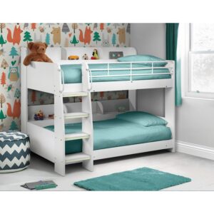 Kids 3ft Bunk Bed in White Wooden Bed Frame with Storage Shelves