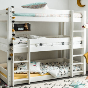 Scandinavia Solid Wood Triple Bunk Bed Frame in White Painted Modern Design