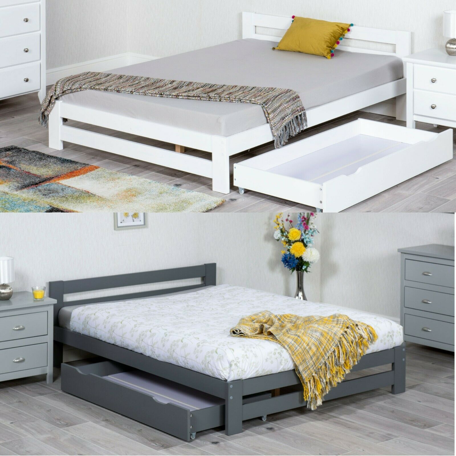 Low Foot End Bed, Xiamen Wooden White or Grey Bed with 3 Size 4 Mattress Options