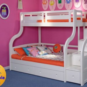 Luxury White Wooden Triple Bunk Bed With Drawers - Staircase - Solid Pine Wood