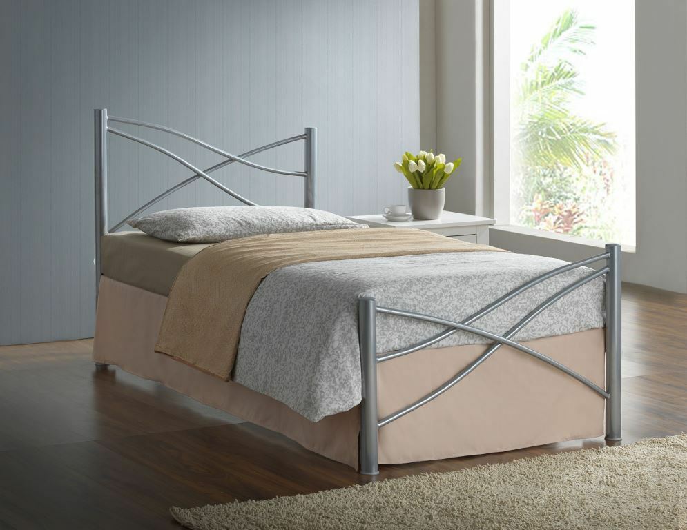 3ft Single Modern Metal Bed Frame in Silver, White or Pink with Mattress Options