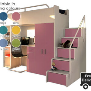 MODERN CABIN LOFT BED HIGH SLEEPER BOY GIRL BUNK BED SET STORAGE KIDS YOUTH