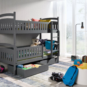 Kids Children Wooden Pine Bunk Bed IGNAS with Storage Drawers in Graphite