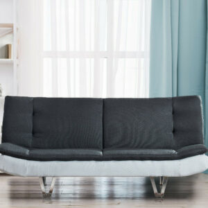 Fabric Sofa Bed 3 Seater With Faux Leather - Charcoal Grey & White, Chrome Legs