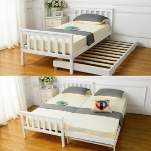 3FT Single Bed Frame Solid Pine Wooden White with Wheels Kids Bedroom Guest Room
