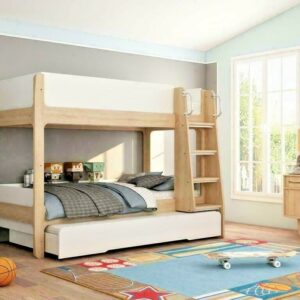 LAVISH KIDS CHILDREN URBAN WHITE & OAK FINISH TRIO BUNK BED + PULL OUT TRUNDLE