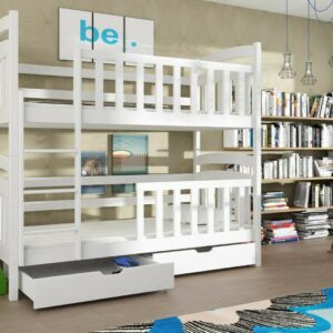 Kids Children Wooden Pine Bunk Bed SEBUS With Storage Drawers in White