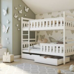 Children Wooden Pine Bunk Bed TEZO with Storage Drawers in White 190/90