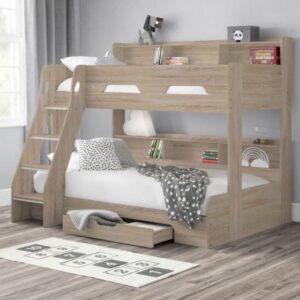 Orion Oak Wooden Storage Triple Sleeper Bunk Bed Frame - 3ft Single Top and 4ft Small Double Bottom